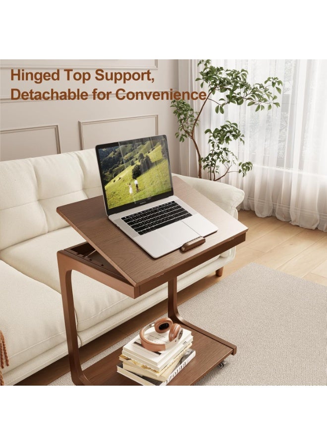 Neonix C-shaped sofa bedside table, 360° swivel adjustable wooden side table, mobile computer workstation laptop desk with castors, bedroom, living room, small C-shaped wooden table with castors, sofa/couch/bedside cabinet/multi-functional bedside table, walnut - Image 4