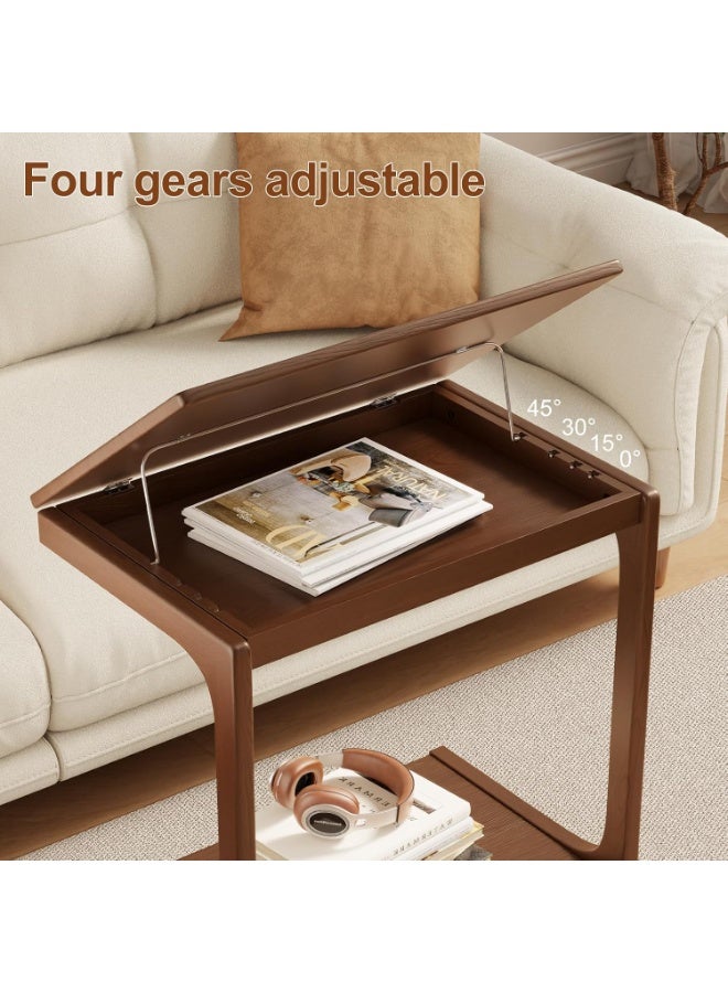Neonix C-shaped sofa bedside table, 360° swivel adjustable wooden side table, mobile computer workstation laptop desk with castors, bedroom, living room, small C-shaped wooden table with castors, sofa/couch/bedside cabinet/multi-functional bedside table, walnut - Image 3