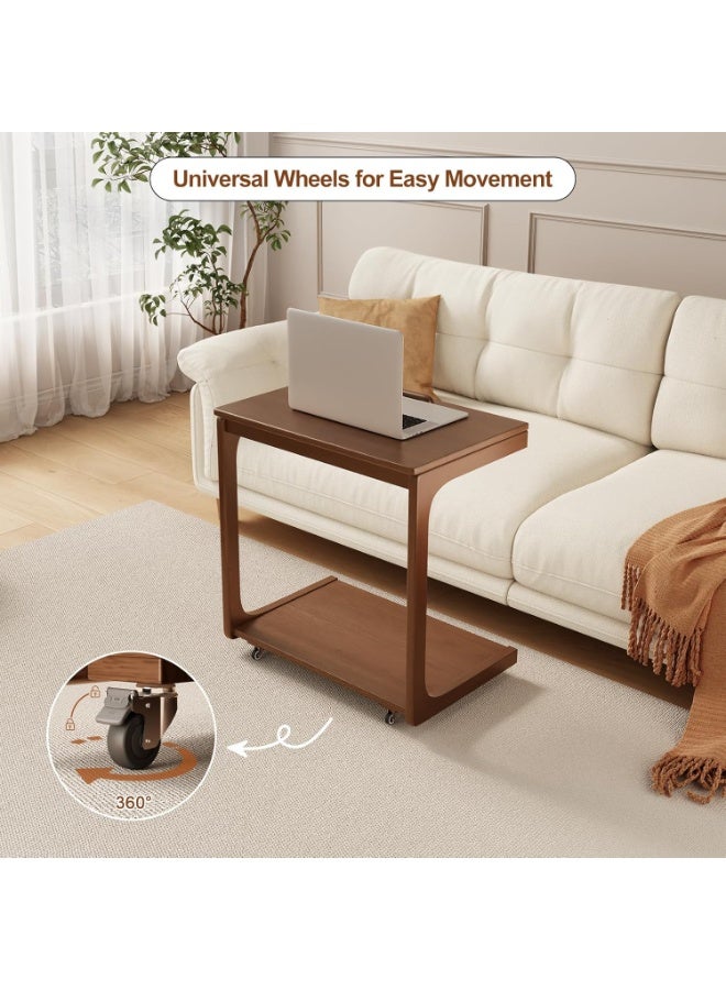 Neonix C-shaped sofa bedside table, 360° swivel adjustable wooden side table, mobile computer workstation laptop desk with castors, bedroom, living room, small C-shaped wooden table with castors, sofa/couch/bedside cabinet/multi-functional bedside table, walnut - Image 5