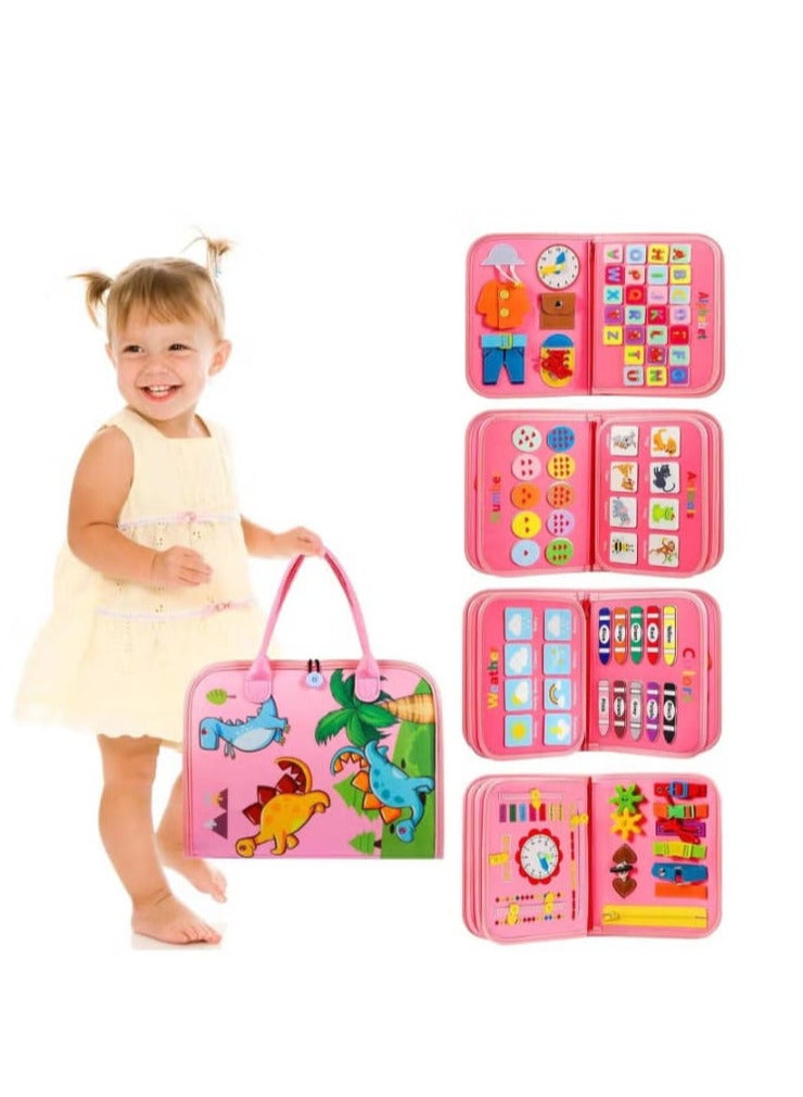 Educational Activity Board for 1, 2, 3 and 4 Years Old Montessori Sensory Board Preschool Fine Motor Skills Learning Toys for Boys and Girls Pink Color Fabric - Image 1