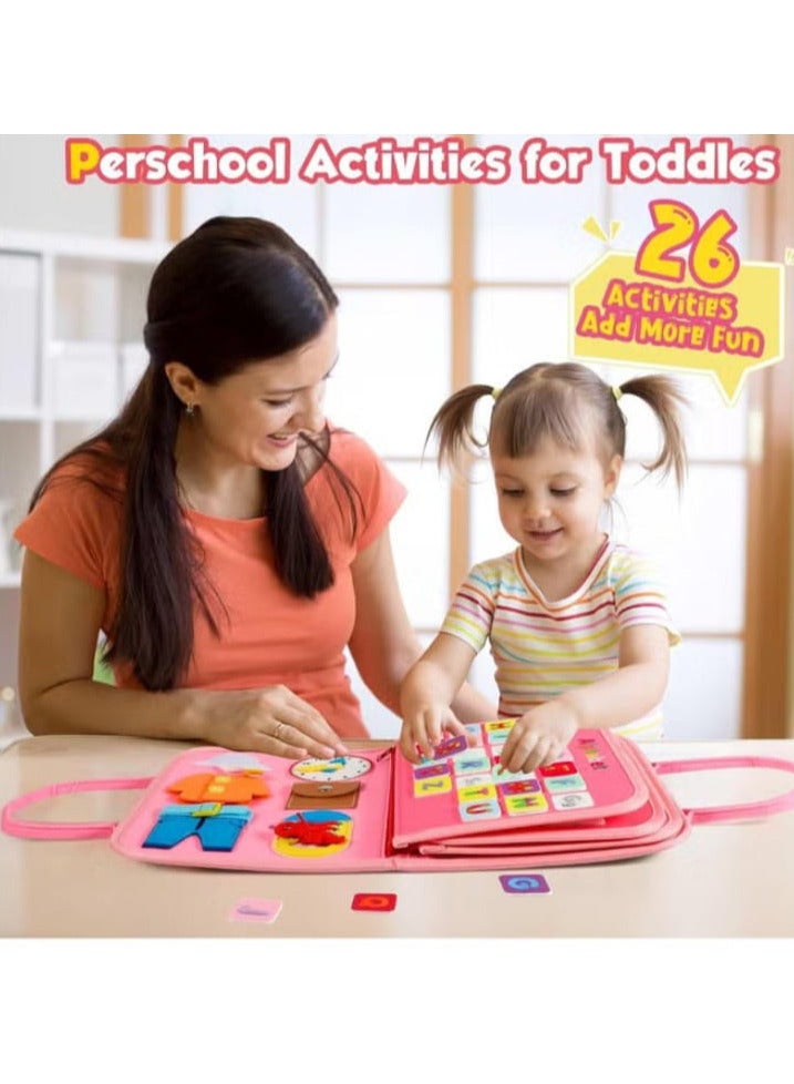 Educational Activity Board for 1, 2, 3 and 4 Years Old Montessori Sensory Board Preschool Fine Motor Skills Learning Toys for Boys and Girls Pink Color Fabric - Image 2