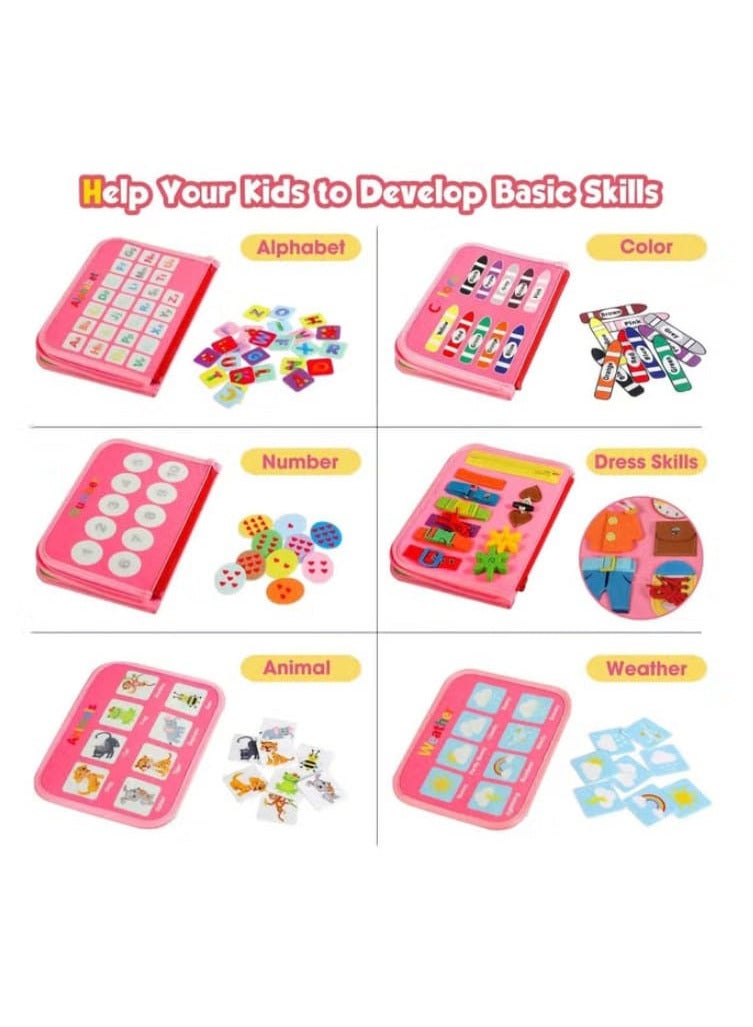 Educational Activity Board for 1, 2, 3 and 4 Years Old Montessori Sensory Board Preschool Fine Motor Skills Learning Toys for Boys and Girls Pink Color Fabric - Image 3