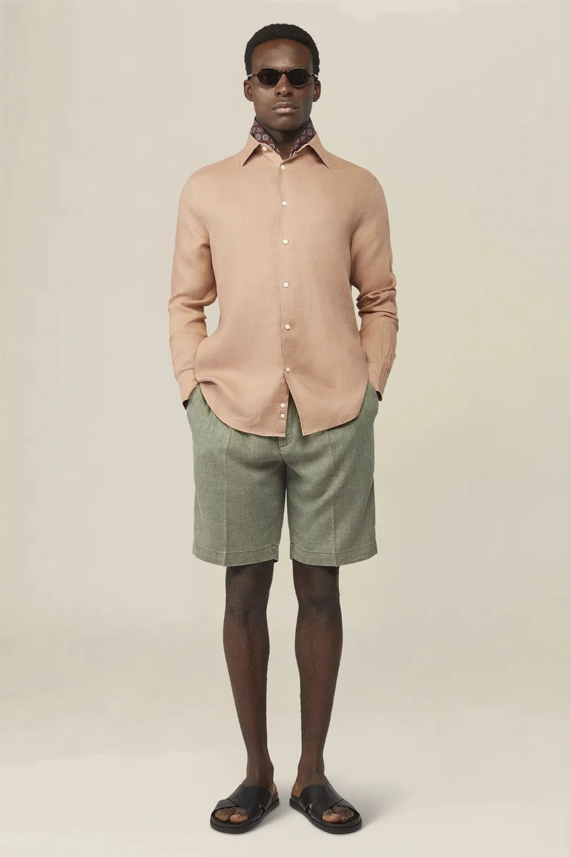 دوبل غانغر Men's 100% Linen Button-Down Shirt - LT Peach