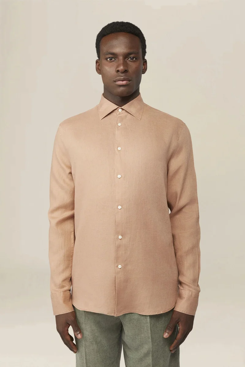 دوبل غانغر Men's 100% Linen Button-Down Shirt - LT Peach