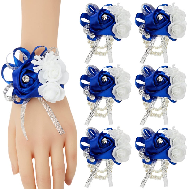 Meldel Prom Flower Flower Storgages for Wedding Set of 6 Royal Blue Lrist Scorsages for Prom Bridal Birlidal Girl Rose Hand Flower for Wedding Anniversary حفل عشاء العودة للوطن