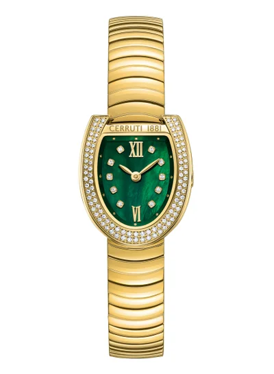 CERRUTI 1881 Women's Lerici Analog Women's Watch - Green Mother of Pearl Dial, Roman Numerals, Gold Plated Bracelet