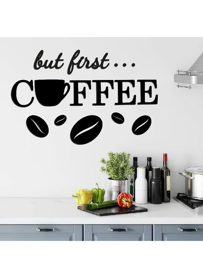 ديكور جداري خشبي عالي الجودة للمطبخ فن جداري للمطبخ بكلمة "But First Coffee" مصنوع من خشب MDF الإسباني، باللون الأسود، بسماكة 6 ملم. يتميز بتصميم ثلاثي الأبعاد عصري وأنيق، مزوّد بشريط لاصق مزدوج الوجه لسهولة التركيب. جاهز للتثبيت فورًا ويمنح مطبخك لمسة فنية راقية. - Image 4