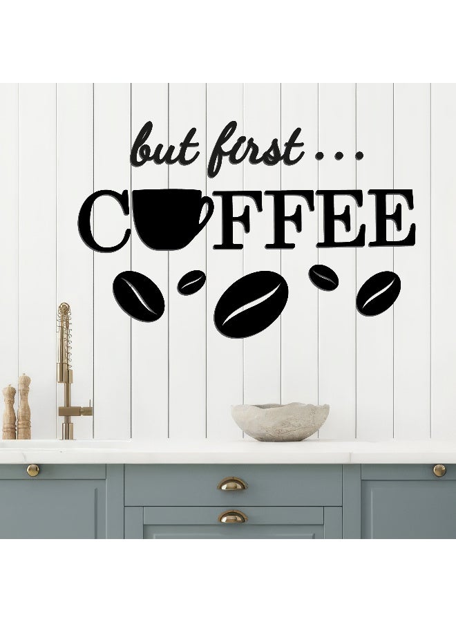 ديكور جداري خشبي عالي الجودة للمطبخ فن جداري للمطبخ بكلمة "But First Coffee" مصنوع من خشب MDF الإسباني، باللون الأسود، بسماكة 6 ملم. يتميز بتصميم ثلاثي الأبعاد عصري وأنيق، مزوّد بشريط لاصق مزدوج الوجه لسهولة التركيب. جاهز للتثبيت فورًا ويمنح مطبخك لمسة فنية راقية. - Image 3