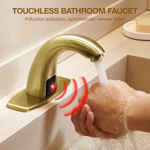 Charmingwater Touchless Bathroom Sink Faucet Motion Automatic Sensor Faucet with Hole Cover Plate Brushed Gold - Image 3