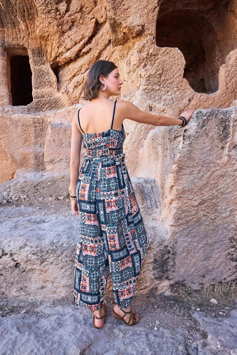 Monamise 23065 Women's Ethnic Pattern Rope Strap Jumpsuit-Navy Blue
