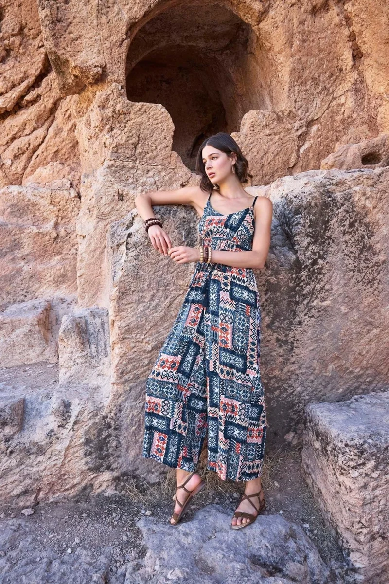 Monamise 23065 Women's Ethnic Pattern Rope Strap Jumpsuit-Navy Blue