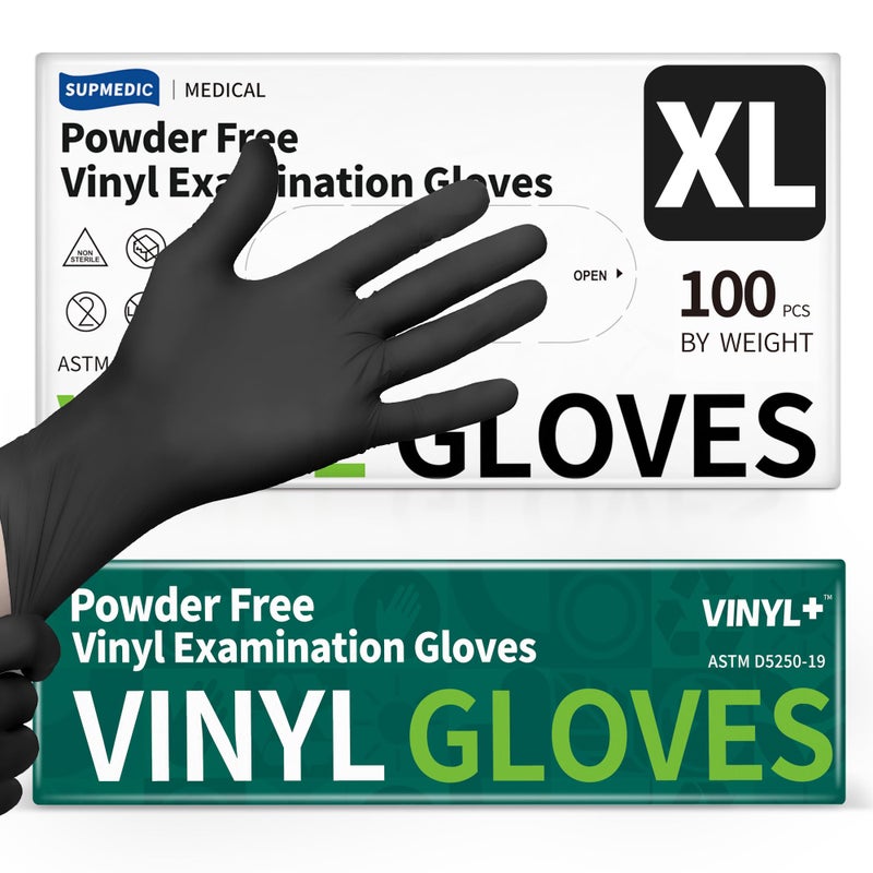Supmedic Vinyl Disposable Exam Gloves, Black 4 Mil Powder-Free Latex-Free Medical Food-Safe Cooking Cleaning Glove, 100 Pcs (X-Large) - Image 1