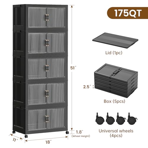 SAILUN 44Gal/175Qt Stackable Storage Bins Folding Collapsible Storage Bins with Lid, Closet Organizers and Storage Box with Door Black 18" W x 11" D x 51" H - Image 2
