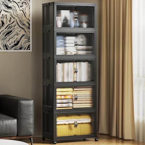 SAILUN 44Gal/175Qt Stackable Storage Bins Folding Collapsible Storage Bins with Lid, Closet Organizers and Storage Box with Door Black 18" W x 11" D x 51" H - Image 1