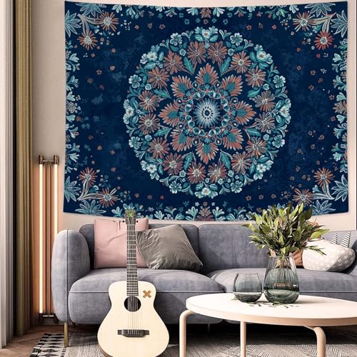 Fowocu Boho Floral Mandala Tapestry Wall Hanging Blue Bohemian Flower Medallion Tapestry Aesthetic Vintage Navy Hippie Indian Small Tapestries for Bedroom Living Room Dorm Decor 40 x 30 Inch - Image 2