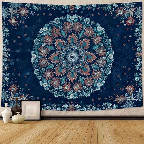 Fowocu Boho Floral Mandala Tapestry Wall Hanging Blue Bohemian Flower Medallion Tapestry Aesthetic Vintage Navy Hippie Indian Small Tapestries for Bedroom Living Room Dorm Decor 40 x 30 Inch - Image 1