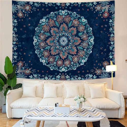 Fowocu Boho Floral Mandala Tapestry Wall Hanging Blue Bohemian Flower Medallion Tapestry Aesthetic Vintage Navy Hippie Indian Small Tapestries for Bedroom Living Room Dorm Decor 40 x 30 Inch - Image 4