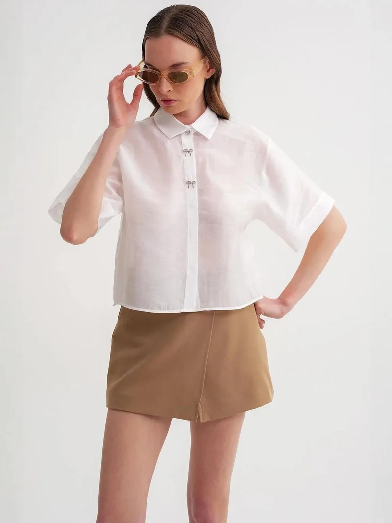 MixRay Mixray Short Sleeve Crop Shirt with Stone Accessories