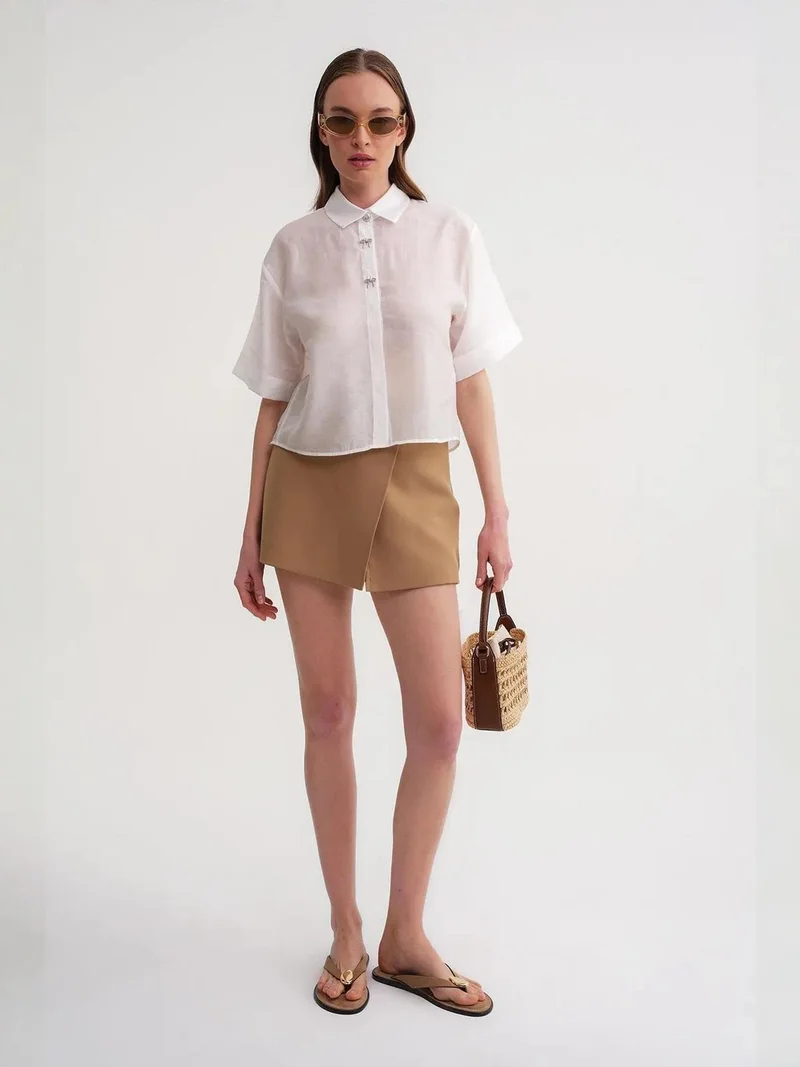 MixRay Ivory Natural Mixray Short Sleeve Crop Shirt with Stone Accessories for Women | Best Price UAE