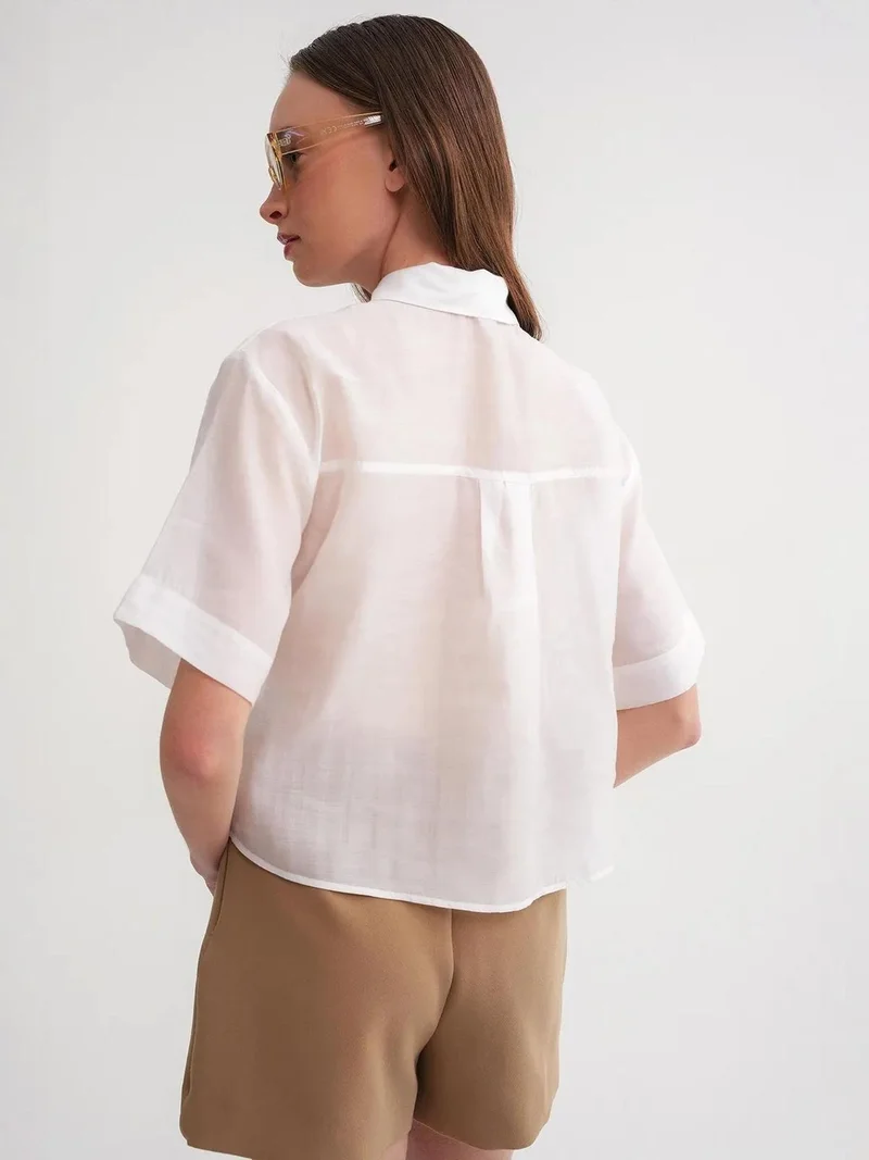Mixray Ivory Natural Mixray Short Sleeve Crop Shirt with Stone Accessories for Women | Best Price UAE