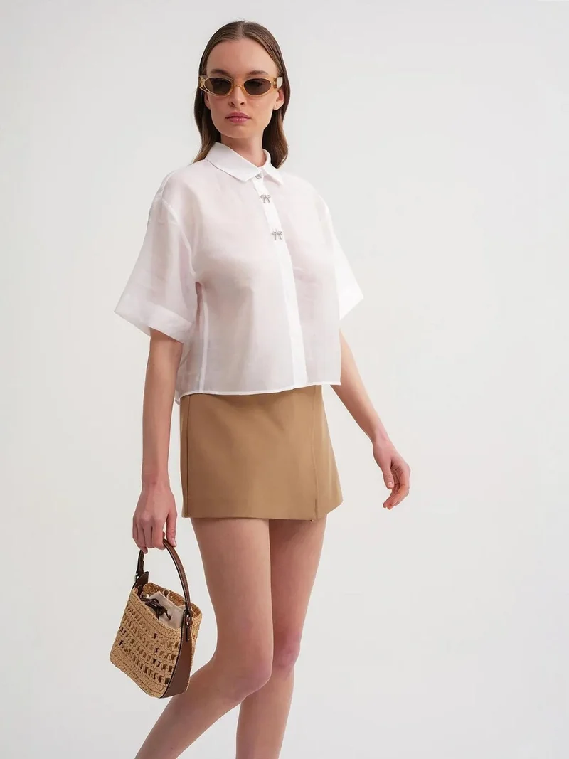 Mixray Ivory Natural Mixray Short Sleeve Crop Shirt with Stone Accessories for Women | Best Price UAE