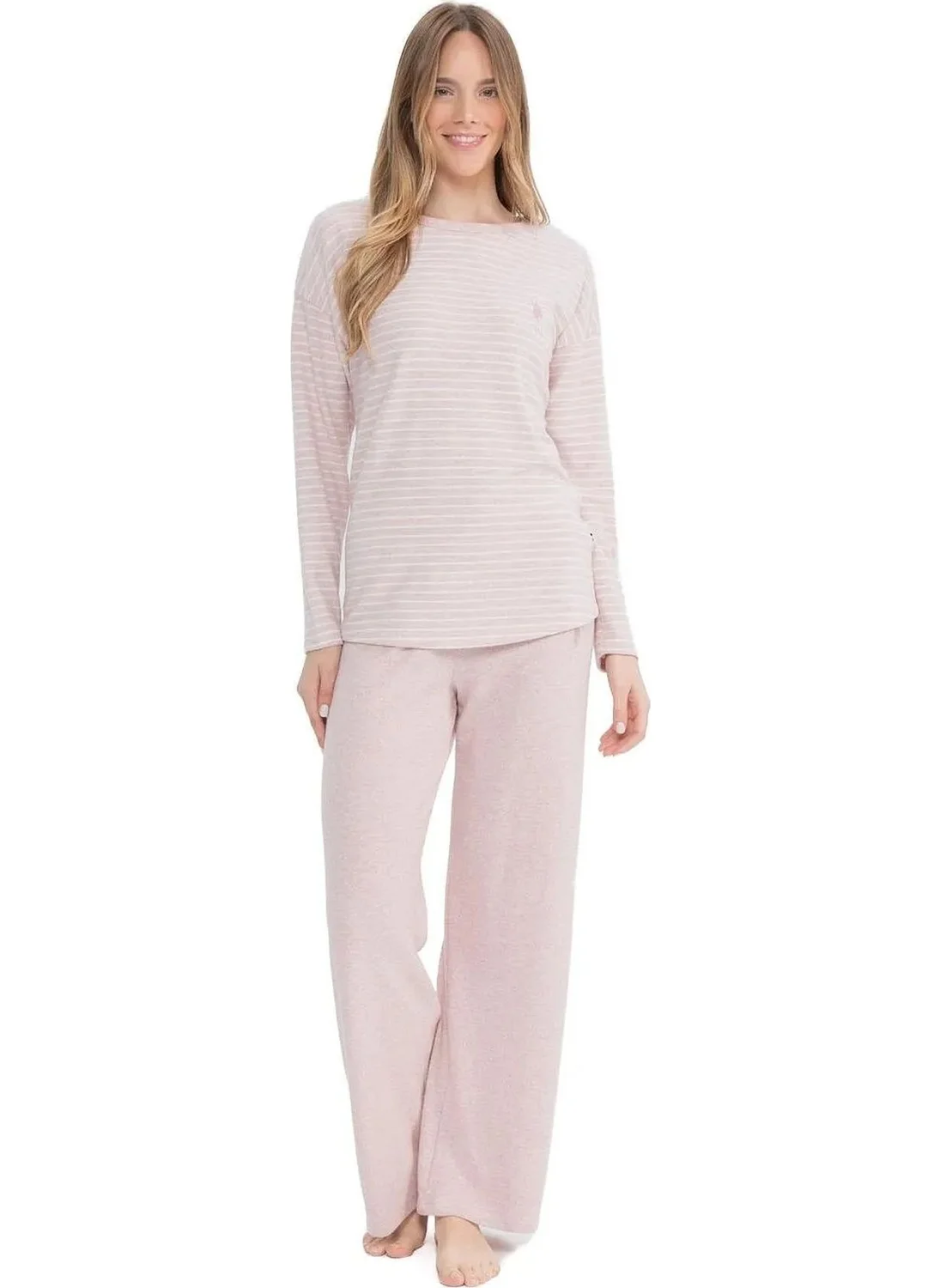 U.S. Polo Assn. 17083 Women's Soft Fabric Long Sleeve Round Neck Pajama Set-Pink Melange