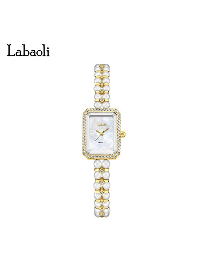 Elegant Ladies Pearl Wristwatch Rectangle Square Case Rhinestone Bezel Shell Dial Rose Gold Quartz Dress Watch
