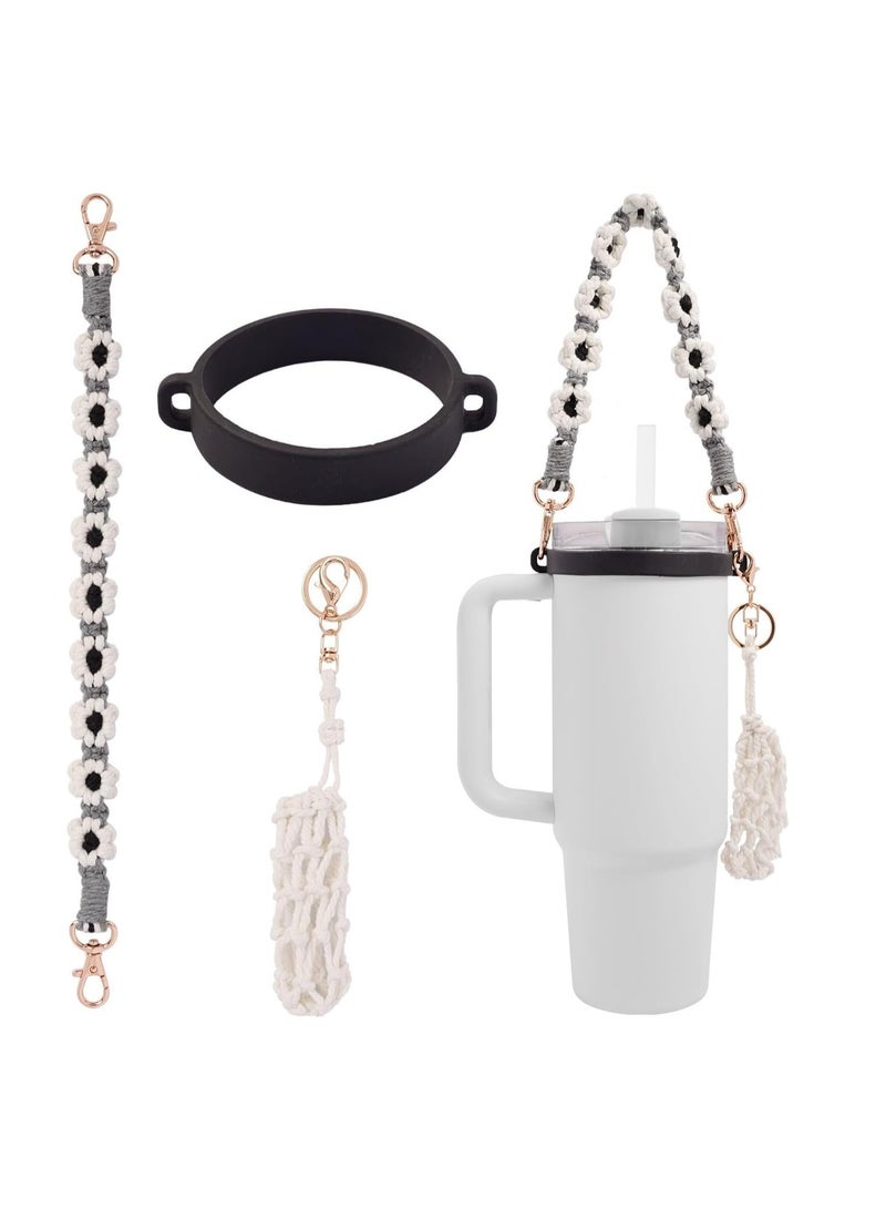 Generic Stanley Cup 16oz - 40oz Glass Cup Accessories - Braided Daisy Water Bottle Handle Strap, Food Grade Silicone Ring Portable Water Bottle Cup Strap for Girls and Women (Black Three-Piece Suit) - Image 1