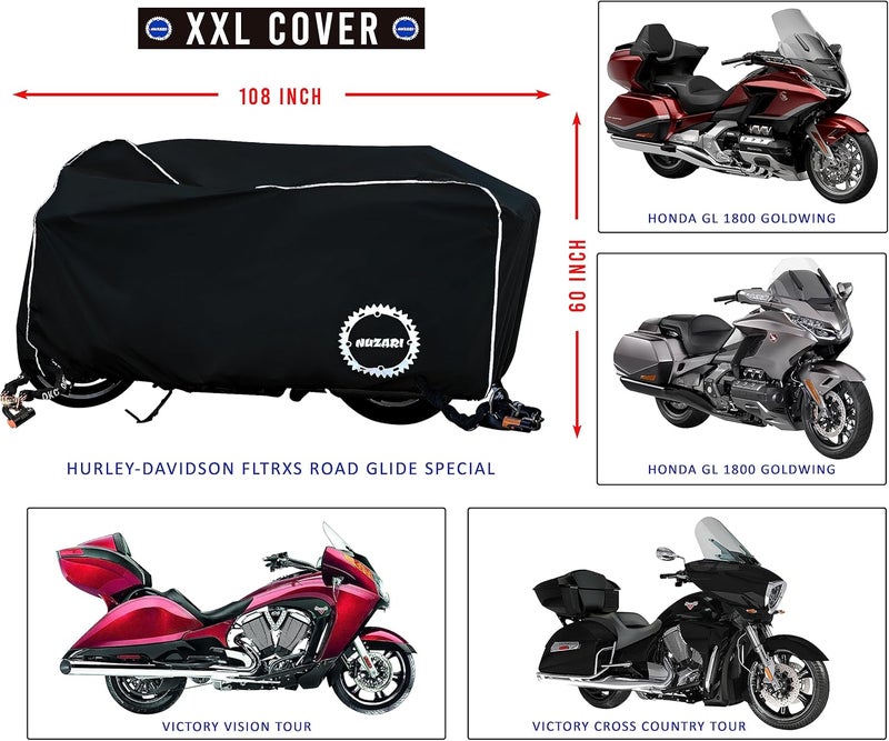 Nuzari Heavy Duty Waterproof Motorcycle Cover - XX-Large Black - Image 2
