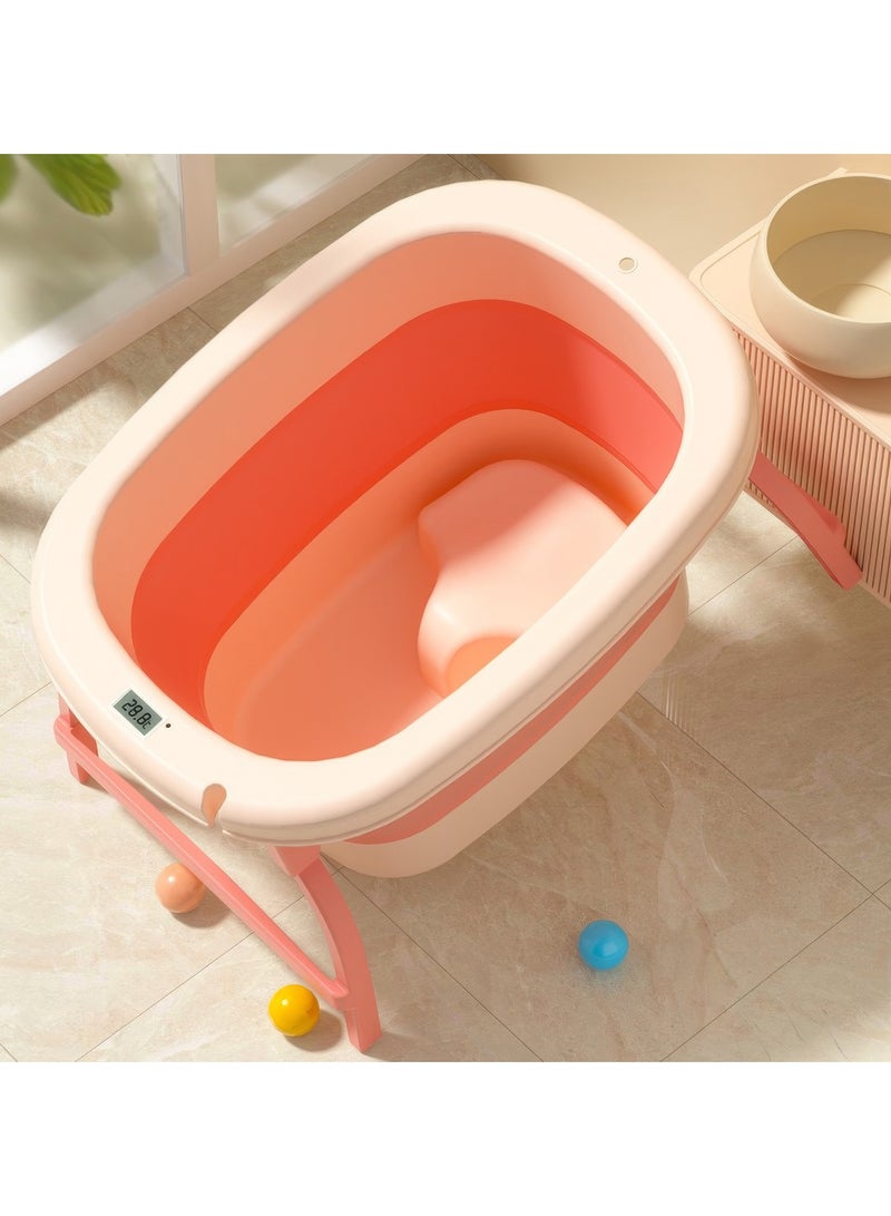 رينوفو حوض استحمام متنقل للأطفال مع ميزان حرارة ومقعد مقاس 71.5X52.5X39 سم حوض استحمام قابل للطي لون وردي - Image 2