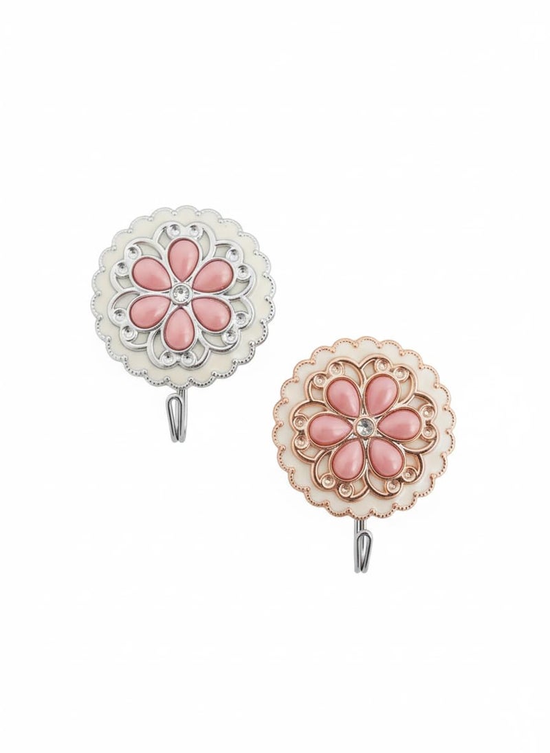 SOLDTRUE Decorative Wall Hooks | Gold & White Floral Double Hook Set for Coats, Towels & Keys | Elegant Metal & Enamel Home Organizer Hooks, Strong & Stylish Design (Pack of 2) - Image 1