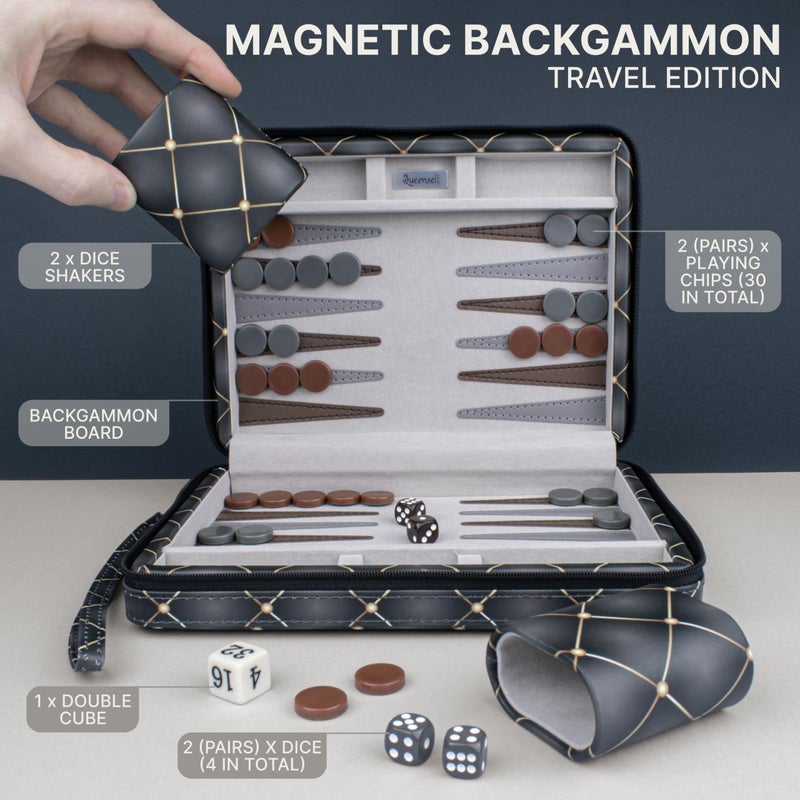 Queensell Magnetic Travel Backgammon Sets for Adults - Quality PU Leather Backgammon Board Game for Adults and Kids - 14" Gift for Man Backgammon Board with 32 Magnetic Pieces in PU Leather Case - Image 2
