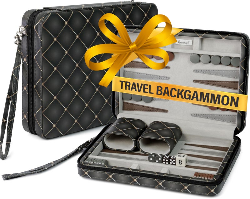 Queensell Magnetic Travel Backgammon Sets for Adults - Quality PU Leather Backgammon Board Game for Adults and Kids - 14" Gift for Man Backgammon Board with 32 Magnetic Pieces in PU Leather Case - Image 1