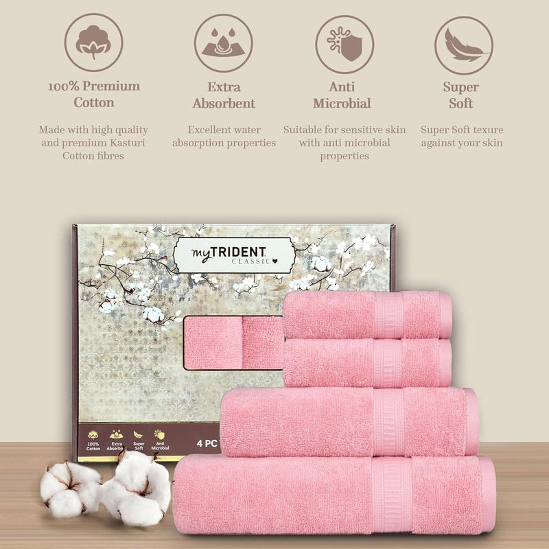 MYTRIDENT Towel Set, Classic Kasturi Collection, 100% Cotton Towel, Set of 4 (1 Bath Towel, 1 Small Bath Towel & 2 Hand Towels) Highly Absorbent Towels for Bath, 525 GSM - Victorian Pink - Image 2