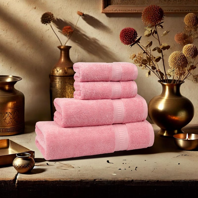 MYTRIDENT Towel Set, Classic Kasturi Collection, 100% Cotton Towel, Set of 4 (1 Bath Towel, 1 Small Bath Towel & 2 Hand Towels) Highly Absorbent Towels for Bath, 525 GSM - Victorian Pink - Image 1