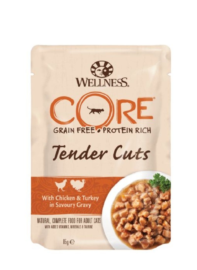 طعام رطب قطع طرية بالدجاج والديك الرومي للقطط من ويلنيس كور - 85 جرام - 8 قطع