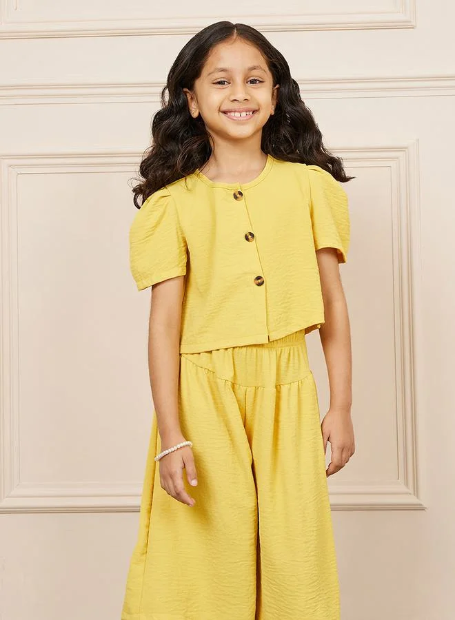 Styli Textured Puff Sleeve Button Front Top & Wide Leg Cropped Pant Set