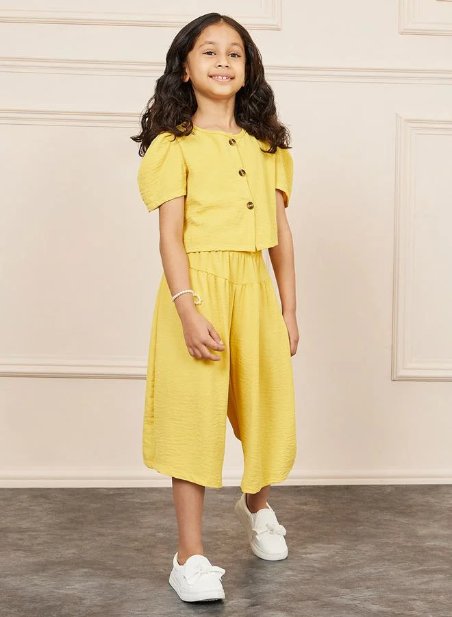 Styli Textured Puff Sleeve Button Front Top & Wide Leg Cropped Pant Set