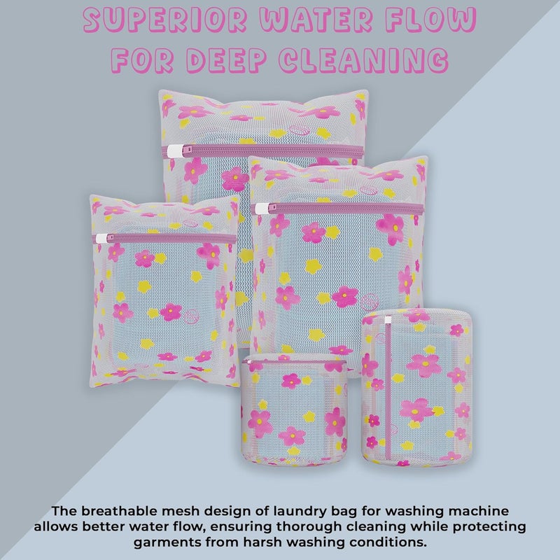 Kuber Industries Pack of 15 Polyester Laundry Mesh Bag for Washing Machine Laundry Bag for Clothes with Zip for Lingerie Jeans Hosiery Stocking Socks YZ14 Sunflower Design Pink - Image 4