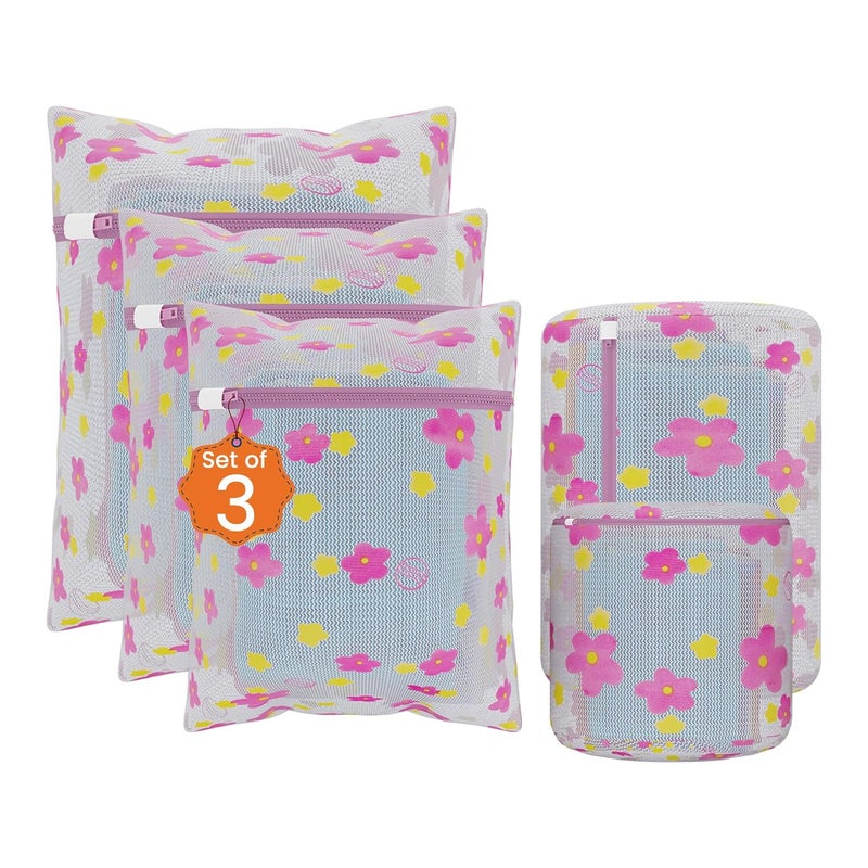 Kuber Industries Pack of 15 Polyester Laundry Mesh Bag for Washing Machine Laundry Bag for Clothes with Zip for Lingerie Jeans Hosiery Stocking Socks YZ14 Sunflower Design Pink - Image 1