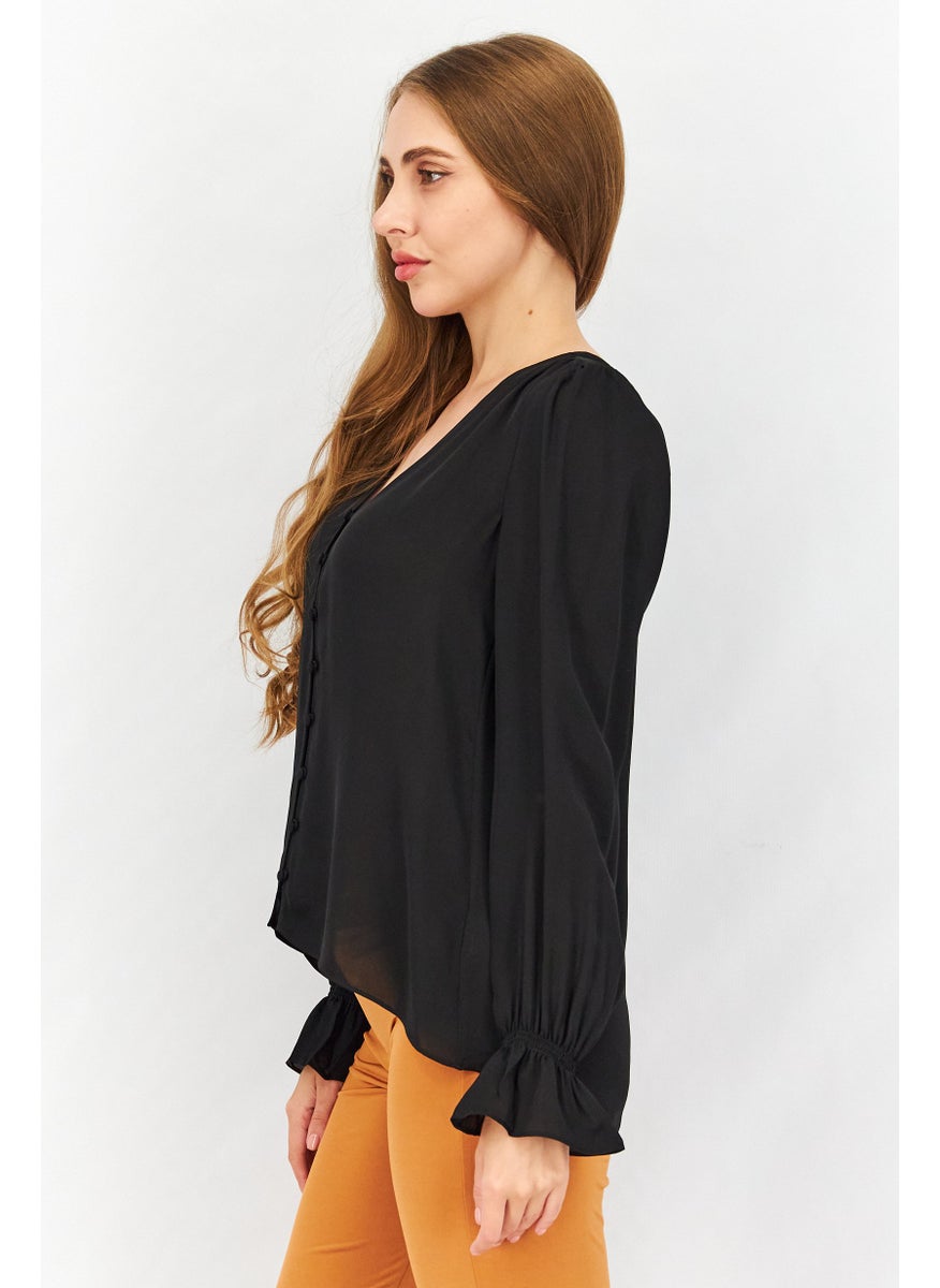 joie - Women Bolona V-Neck Long Sleeve Plain Blouse, Black - Image 1