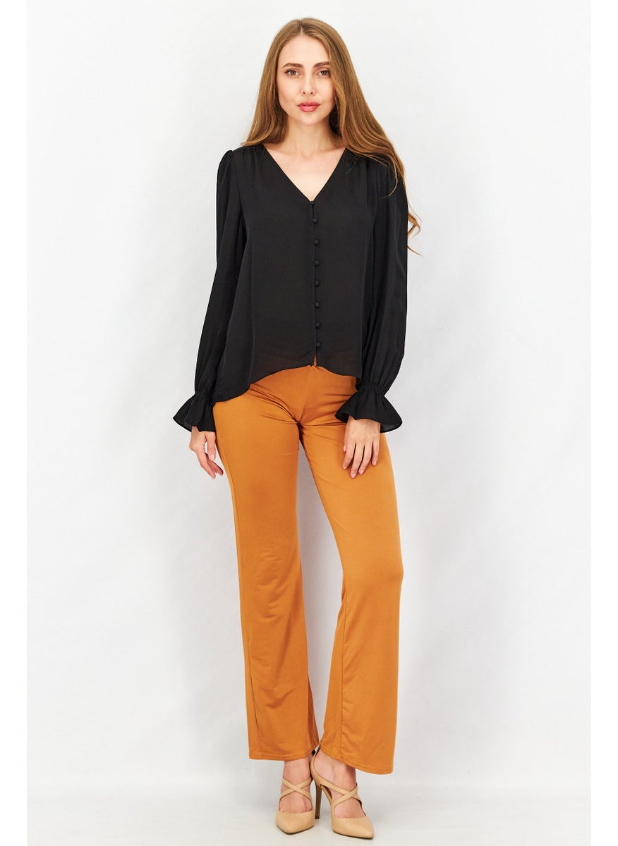 joie - Women Bolona V-Neck Long Sleeve Plain Blouse, Black - Image 1