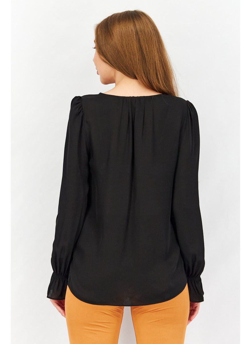 joie - Women Bolona V-Neck Long Sleeve Plain Blouse, Black - Image 1