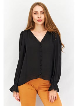 Women Bolona V-Neck Long Sleeve Plain Blouse, Black