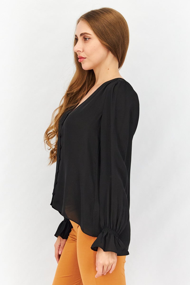 joie Women Bolona V-Neck Long Sleeve Plain Blouse, Black - Image 4