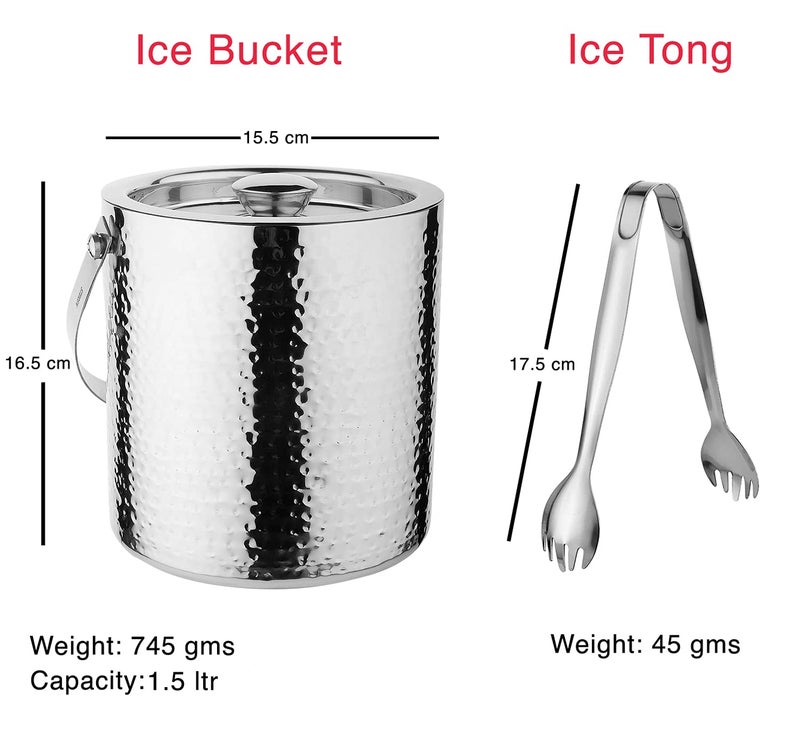 Steren Impex | Stainless Steel Double Wall Ice Bucket with Tong [1500 ml ] Full Hammered Design - Image 2