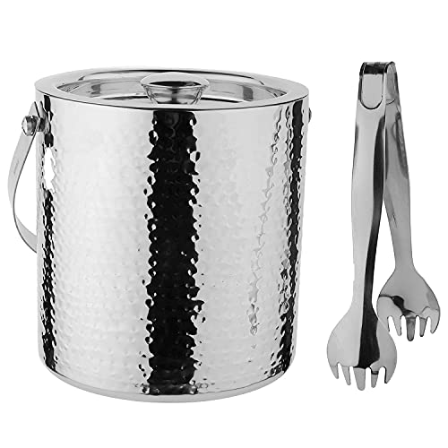 Steren Impex | Stainless Steel Double Wall Ice Bucket with Tong [1500 ml ] Full Hammered Design - Image 1