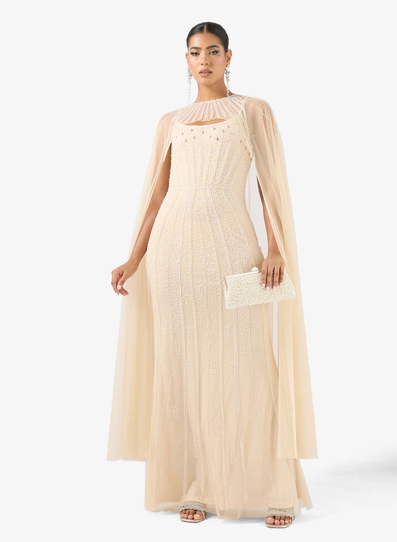 Namshi x Bead Embellished A Line Gown with Cape - Image 4