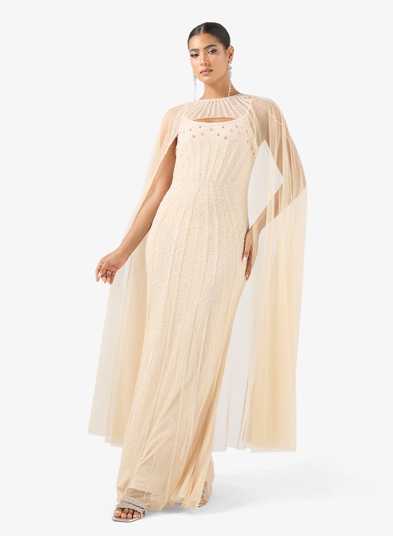 Namshi x Bead Embellished A Line Gown with Cape - Image 1