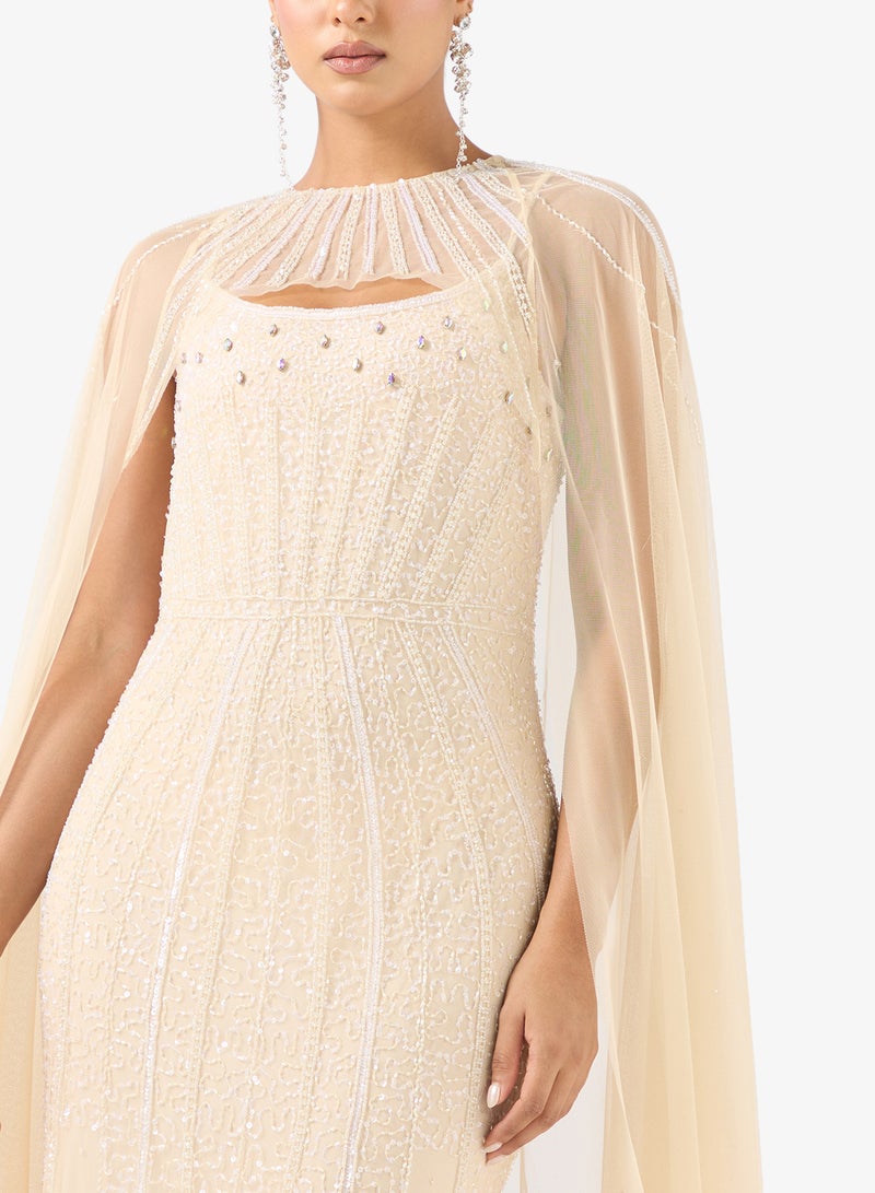 Namshi x Bead Embellished A Line Gown with Cape - Image 3